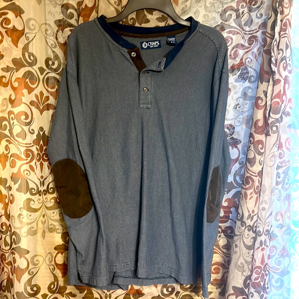 Chaps Henley Shirt Mens Large Blue Gray Stripes Elbow Patches